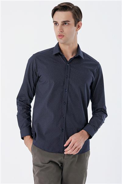 Lacivert Uzun Kollu Baskılı  Sert Yaka Cepsiz  Pamuklu Klasik Slim Fit Dar Kesim Gömlek 1004235146