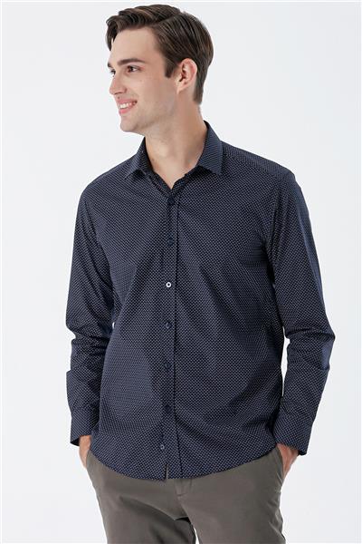 Lacivert Uzun Kollu Baskılı  Sert Yaka Cepsiz  Pamuklu Klasik Slim Fit Dar Kesim Gömlek 1004235146