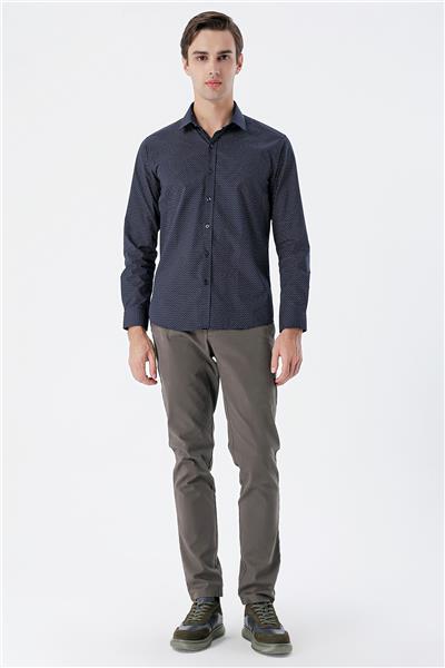 Lacivert Uzun Kollu Baskılı  Sert Yaka Cepsiz  Pamuklu Klasik Slim Fit Dar Kesim Gömlek 1004235146