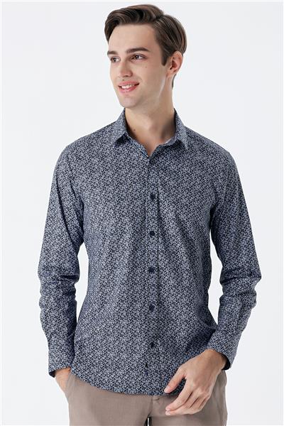Koyu Lacivert Uzun Kollu Baskılı Cepsiz Pamuklu Likralı Klasik Slim Fit Gömlek 1004235127
