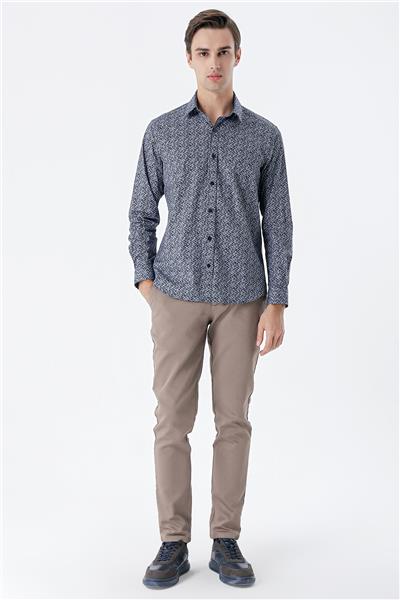 Koyu Lacivert Uzun Kollu Baskılı Cepsiz Pamuklu Likralı Klasik Slim Fit Gömlek 1004235127