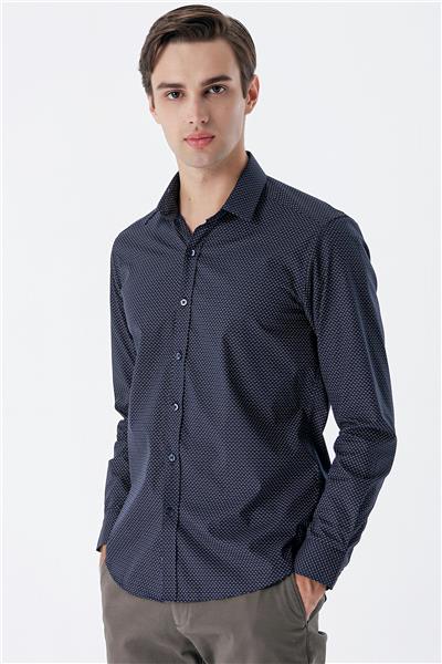 Lacivert Uzun Kollu Baskılı  Sert Yaka Cepsiz  Pamuklu Klasik Slim Fit Dar Kesim Gömlek 1004235146