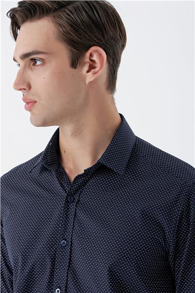 Lacivert Uzun Kollu Baskılı  Sert Yaka Cepsiz  Pamuklu Klasik Slim Fit Dar Kesim Gömlek 1004235146