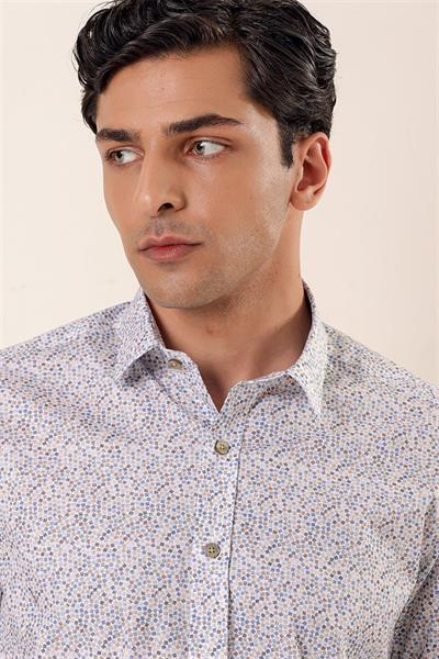 Mavi Uzun Kollu Baskılı Sert Yaka Cepsiz Pamuklu Likralı Casual Slim Fit Gömlek 1004230135