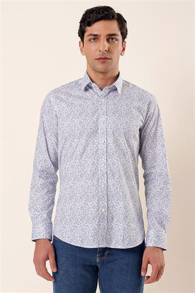 Koyu Mavi Uzun Kollu Baskılı Sert Yaka Cepsiz Pamuklu Likralı Casual Slim Fit Gömlek 1004230135