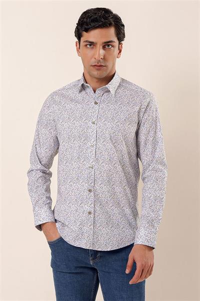 Mavi Uzun Kollu Baskılı Sert Yaka Cepsiz Pamuklu Likralı Casual Slim Fit Gömlek 1004230135