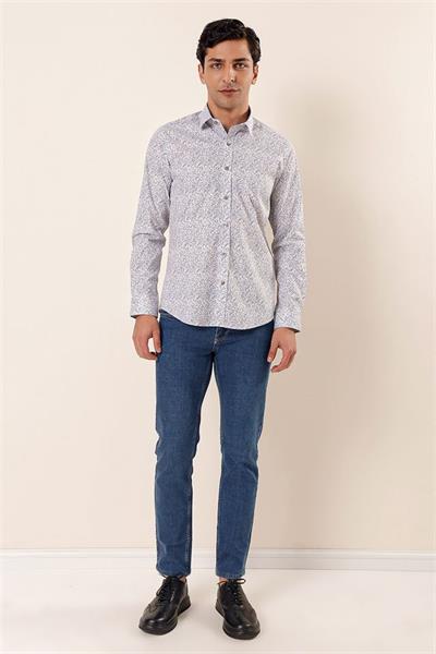 Mavi Uzun Kollu Baskılı Sert Yaka Cepsiz Pamuklu Likralı Casual Slim Fit Gömlek 1004230135