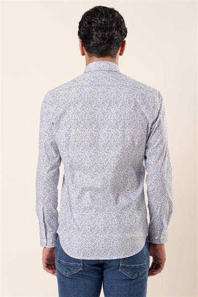 Koyu Mavi Uzun Kollu Baskılı Sert Yaka Cepsiz Pamuklu Likralı Casual Slim Fit Gömlek 1004230135