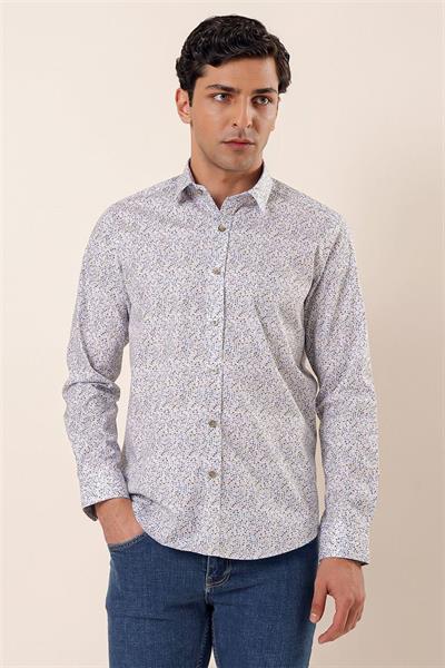 Mavi Uzun Kollu Baskılı Sert Yaka Cepsiz Pamuklu Likralı Casual Slim Fit Gömlek 1004230135