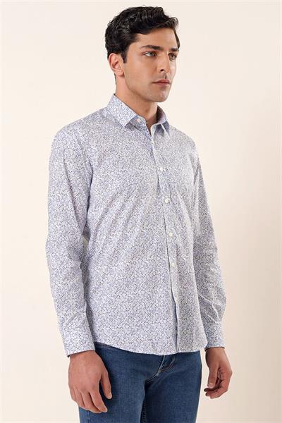 Koyu Mavi Uzun Kollu Baskılı Sert Yaka Cepsiz Pamuklu Likralı Casual Slim Fit Gömlek 1004230135