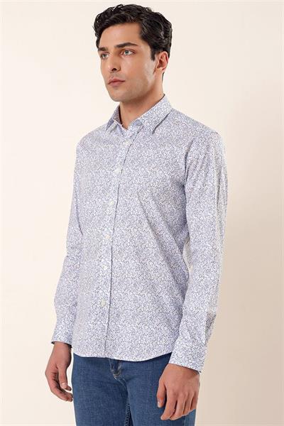 Koyu Mavi Uzun Kollu Baskılı Sert Yaka Cepsiz Pamuklu Likralı Casual Slim Fit Gömlek 1004230135