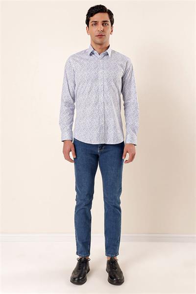 Koyu Mavi Uzun Kollu Baskılı Sert Yaka Cepsiz Pamuklu Likralı Casual Slim Fit Gömlek 1004230135