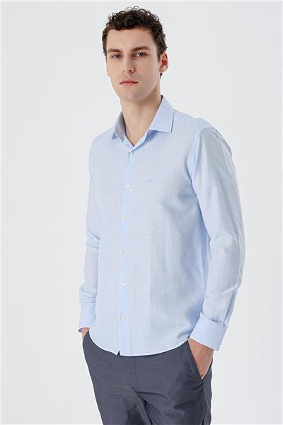 Mavi Uzun Kollu Armürlü Cepsiz Pamuklu Slim Fit Gömlek 1004235168