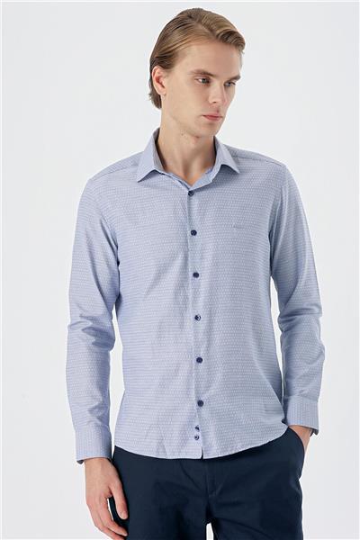 Lacivert Uzun Kollu Armürlü Cepsiz Pamuklu Slim Fit Gömlek 1004235168