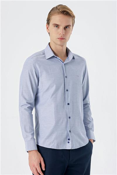 Lacivert Uzun Kollu Armürlü Cepsiz Pamuklu Slim Fit Gömlek 1004235168