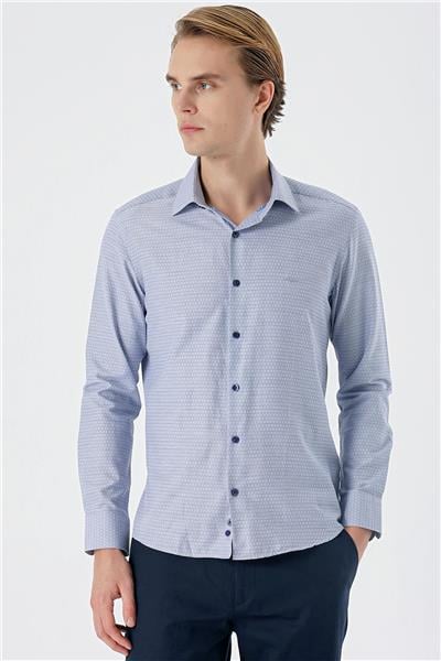 Lacivert Uzun Kollu Armürlü Cepsiz Pamuklu Slim Fit Gömlek 1004235168