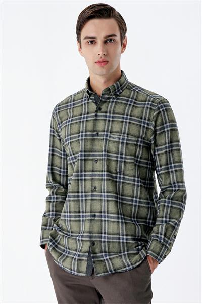 Koyu Haki Uzun Kollu Ekoseli Gabardin Sert Yaka Cepli Garnili Casual Comfort Fit Gömlek 1004235109