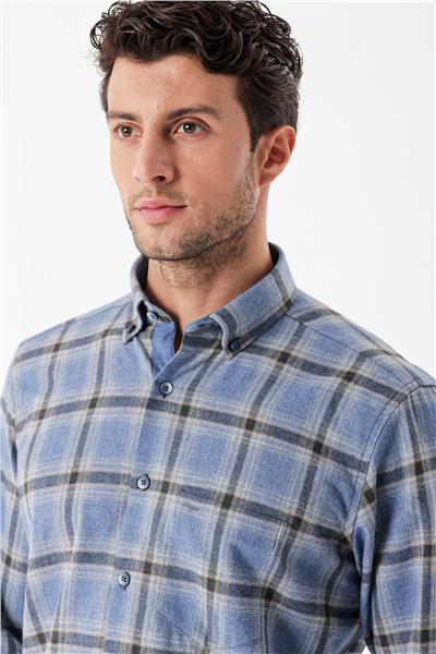 Koyu Mavi Uzun Kollu Ekoseli Gabardin Sert Yaka Cepli Garnili Casual Comfort Fit Gömlek 1004235109