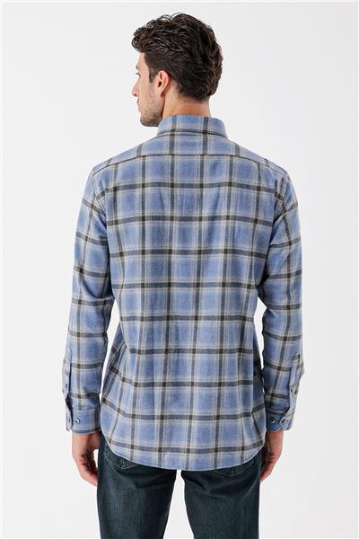 Koyu Mavi Uzun Kollu Ekoseli Gabardin Sert Yaka Cepli Garnili Casual Comfort Fit Gömlek 1004235109