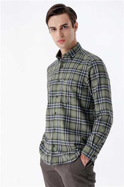 Koyu Haki Uzun Kollu Ekoseli Gabardin Sert Yaka Cepli Garnili Casual Comfort Fit Gömlek 1004235109