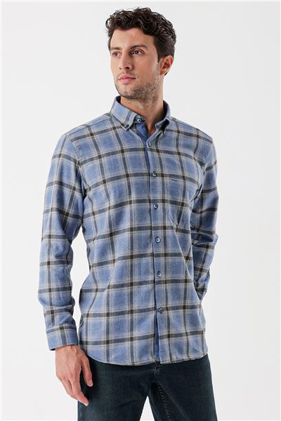 Koyu Mavi Uzun Kollu Ekoseli Gabardin Sert Yaka Cepli Garnili Casual Comfort Fit Gömlek 1004235109