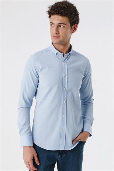Koyu Mavi Uzun Kollu Gofreli Cepsiz Pamuklu Likralı Klasik Slim Fit Dar Kesim Gömlek 1004230178