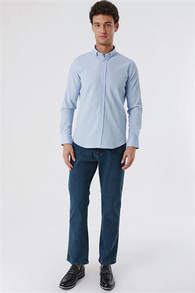 Koyu Mavi Uzun Kollu Gofreli Cepsiz Pamuklu Likralı Klasik Slim Fit Dar Kesim Gömlek 1004230178