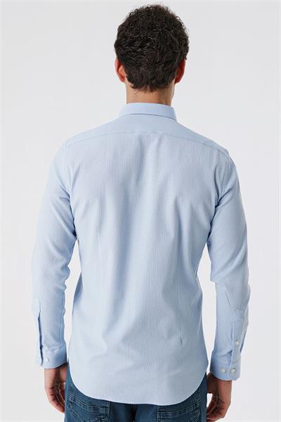 Koyu Mavi Uzun Kollu Gofreli Cepsiz Pamuklu Likralı Klasik Slim Fit Dar Kesim Gömlek 1004230178