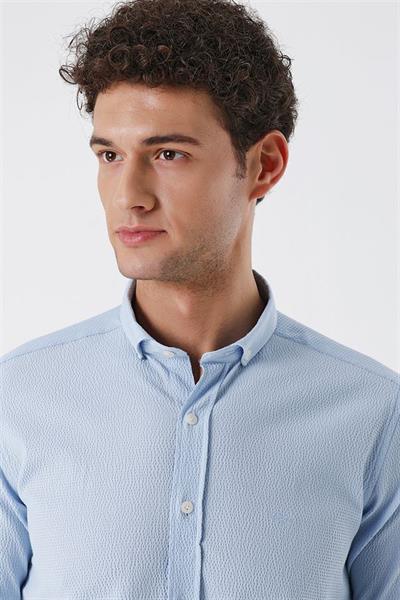 Koyu Mavi Uzun Kollu Gofreli Cepsiz Pamuklu Likralı Klasik Slim Fit Dar Kesim Gömlek 1004230178