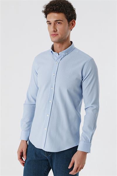 Koyu Mavi Uzun Kollu Gofreli Cepsiz Pamuklu Likralı Klasik Slim Fit Dar Kesim Gömlek 1004230178