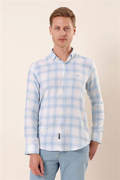 Koyu Mavi Uzun Kollu Kareli Cepsiz %100 Pamuk Klasik Slim Fit Dar Kesim Gömlek 1004230176