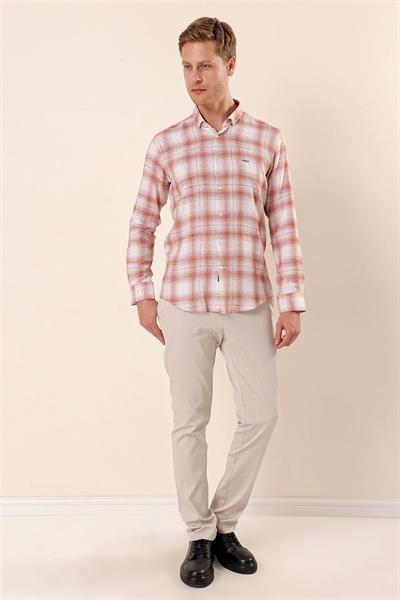 Kiremit Uzun Kollu Kareli Cepsiz %100 Pamuk Klasik Slim Fit Dar Kesim Gömlek 1004230176