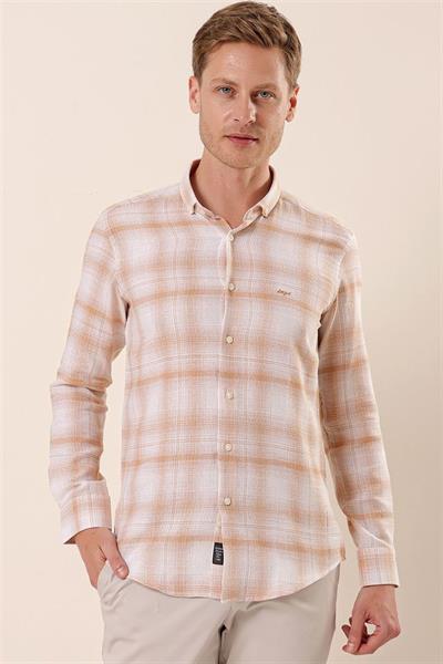 Bej Uzun Kollu Kareli Cepsiz %100 Pamuk Klasik Slim Fit Dar Kesim Gömlek 1004230176