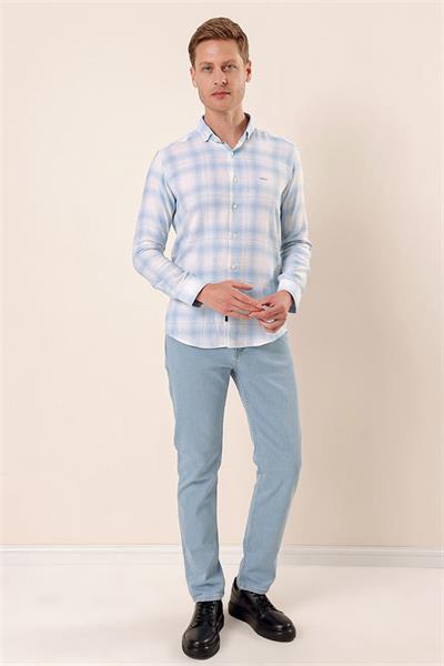 Koyu Mavi Uzun Kollu Kareli Cepsiz %100 Pamuk Klasik Slim Fit Dar Kesim Gömlek 1004230176