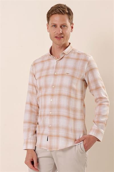 Bej Uzun Kollu Kareli Cepsiz %100 Pamuk Klasik Slim Fit Dar Kesim Gömlek 1004230176