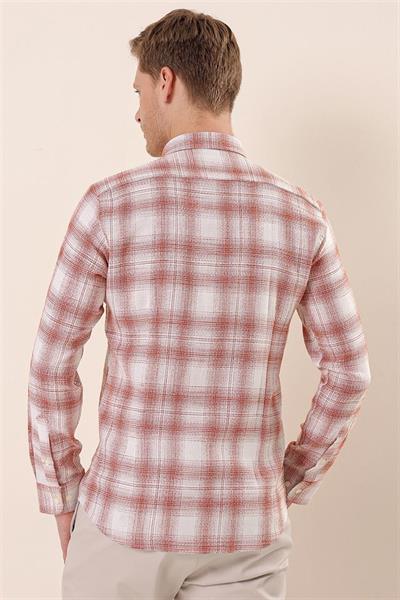 Kiremit Uzun Kollu Kareli Cepsiz %100 Pamuk Klasik Slim Fit Dar Kesim Gömlek 1004230176