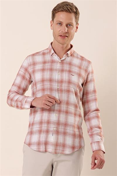 Kiremit Uzun Kollu Kareli Cepsiz %100 Pamuk Klasik Slim Fit Dar Kesim Gömlek 1004230176