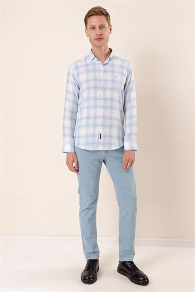 Koyu Mavi Uzun Kollu Kareli Cepsiz %100 Pamuk Klasik Slim Fit Dar Kesim Gömlek 1004230176