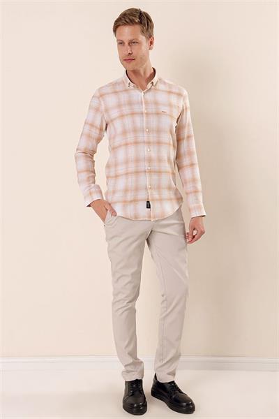 Bej Uzun Kollu Kareli Cepsiz %100 Pamuk Klasik Slim Fit Dar Kesim Gömlek 1004230176