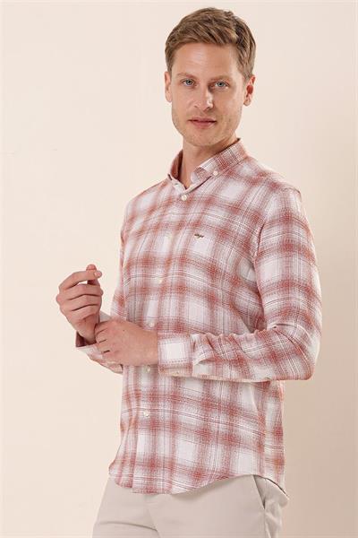 Kiremit Uzun Kollu Kareli Cepsiz %100 Pamuk Klasik Slim Fit Dar Kesim Gömlek 1004230176