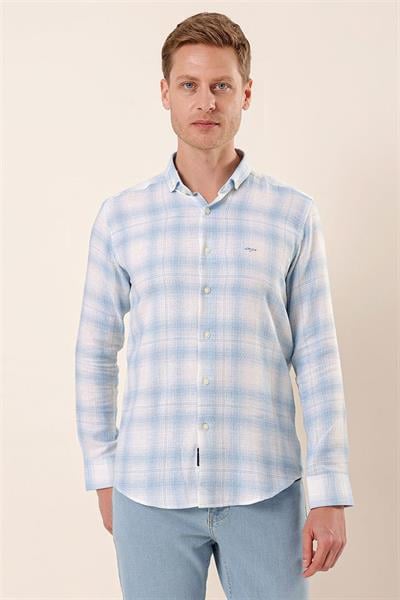 Koyu Mavi Uzun Kollu Kareli Cepsiz %100 Pamuk Klasik Slim Fit Dar Kesim Gömlek 1004230176