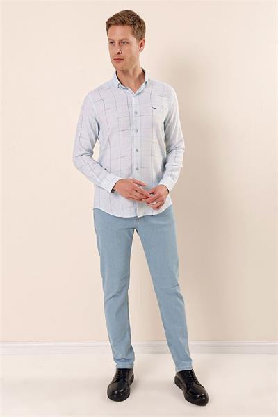 Koyu Mavi Uzun Kollu Kareli Cepsiz Klasik Slim Fit Dar Kesim Gömlek 1004230175