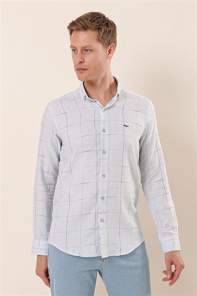 Koyu Mavi Uzun Kollu Kareli Cepsiz Klasik Slim Fit Dar Kesim Gömlek 1004230175