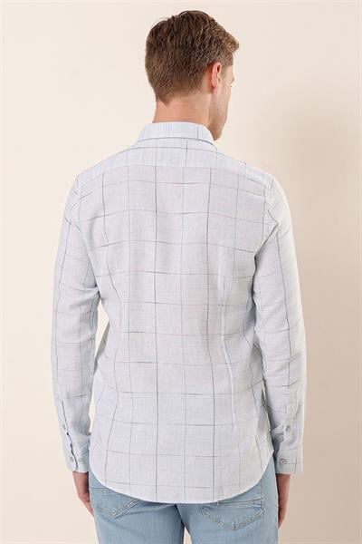 Koyu Mavi Uzun Kollu Kareli Cepsiz Klasik Slim Fit Dar Kesim Gömlek 1004230175