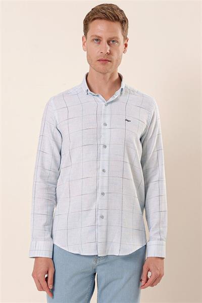 Koyu Mavi Uzun Kollu Kareli Cepsiz Klasik Slim Fit Dar Kesim Gömlek 1004230175