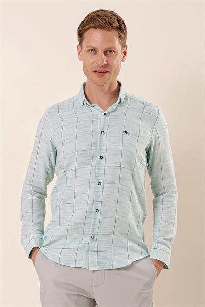 Koyu Yeşil Uzun Kollu Kareli Cepsiz Klasik Slim Fit Dar Kesim Gömlek 1004230175