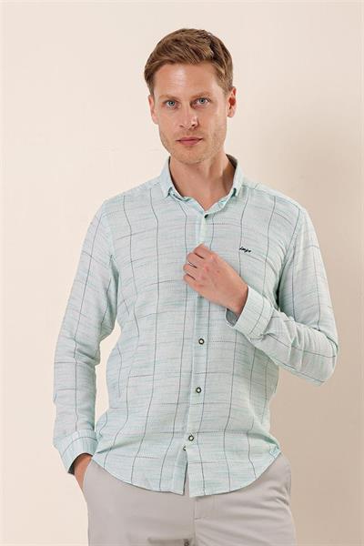 Koyu Yeşil Uzun Kollu Kareli Cepsiz Klasik Slim Fit Dar Kesim Gömlek 1004230175