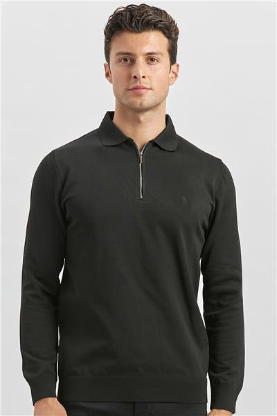 Siyah Uzun Kollu Örme Polo Yaka Slim Fit Dar Kesim Triko 1012245150