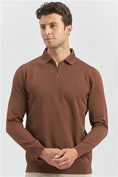 Taba Uzun Kollu Örme Polo Yaka Slim Fit Dar Kesim Triko 1012245150