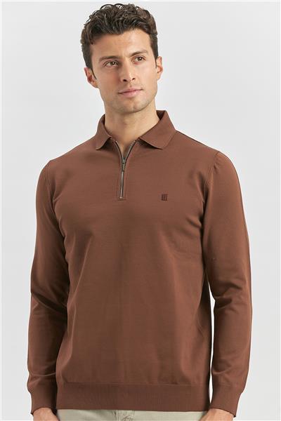 Taba Uzun Kollu Örme Polo Yaka Slim Fit Dar Kesim Triko 1012245150